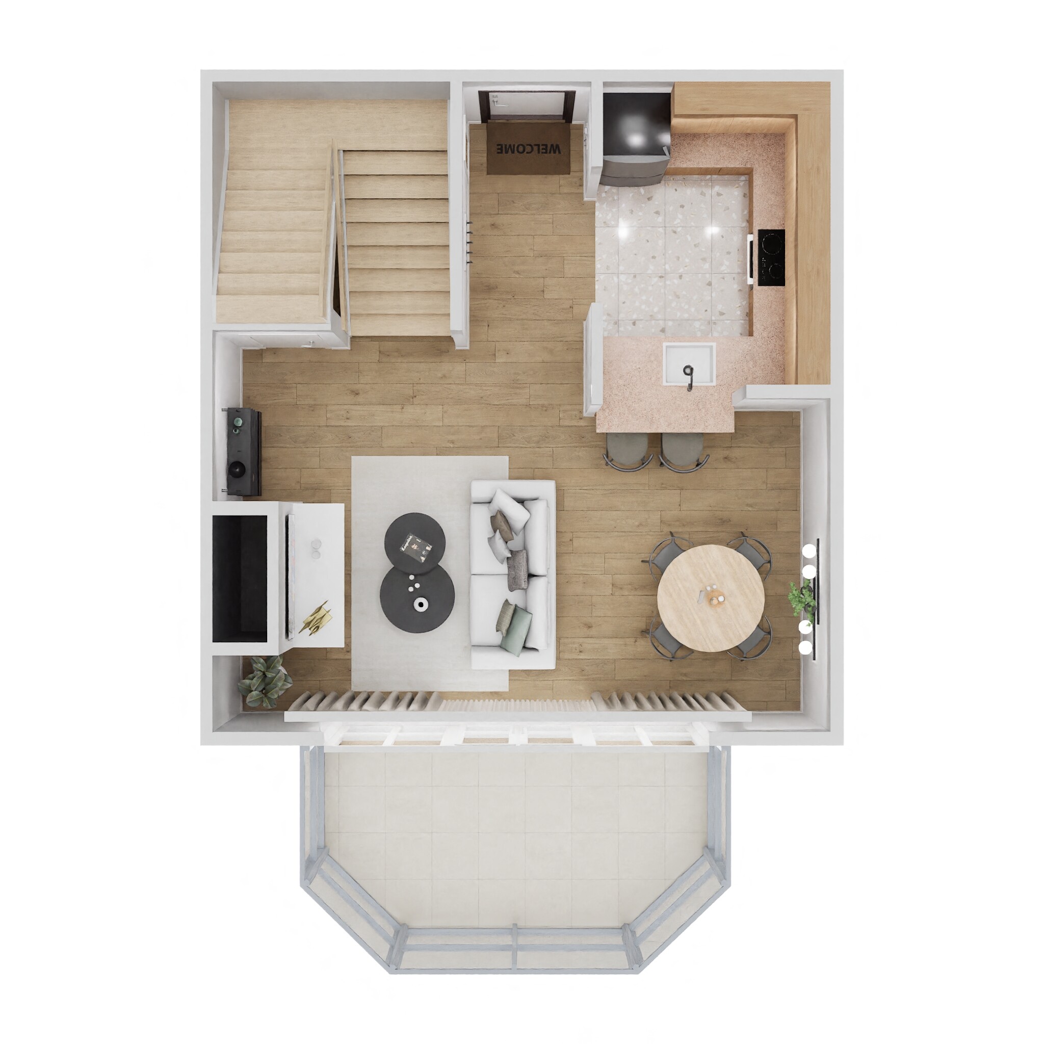 Floor plan for 1 bed, 1 bath, 736 sqft